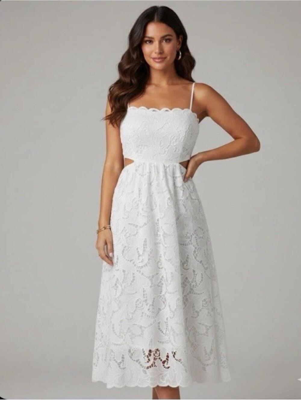 🤍✨ NWT Express White Lace Midi Dress Tie Back M Bridal Chic ✨🤍